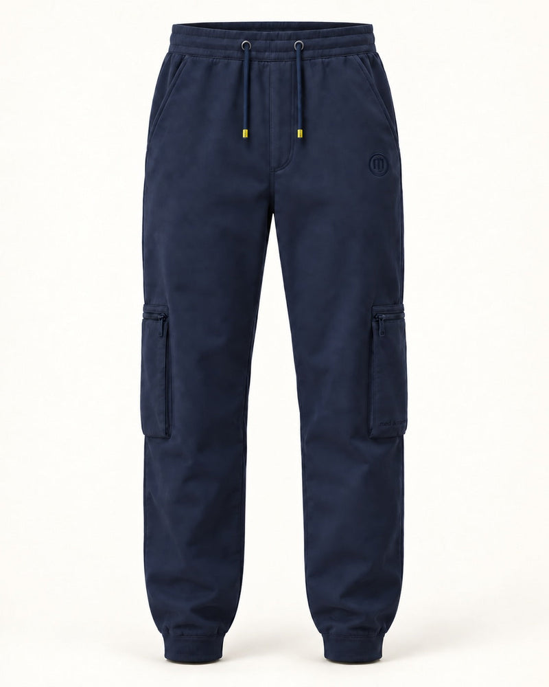 Cargohose in Navy Blue im Jogger-Schnitt mit Kordelzug, gelben Nestelspitzen und Beintaschen, Vorderansicht