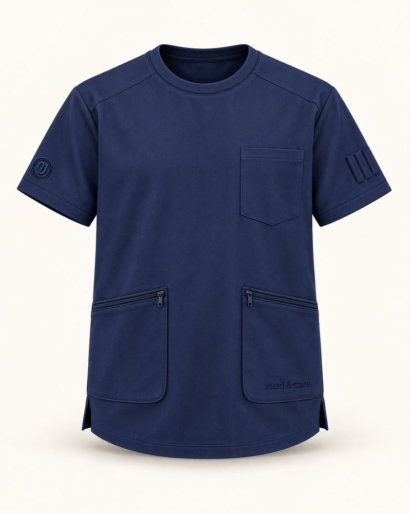 Herren-Kasack in Navy Blue mit Rundhalsausschnitt, Brusttasche und zwei Reißverschlusstaschen, Vorderansicht