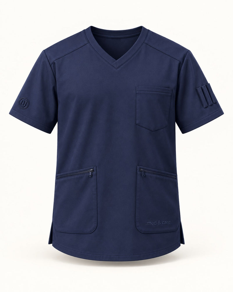 Herren-Kasack in Navy Blue mit V-Ausschnitt, Brusttasche und Reißverschlusstaschen, Vorderansicht