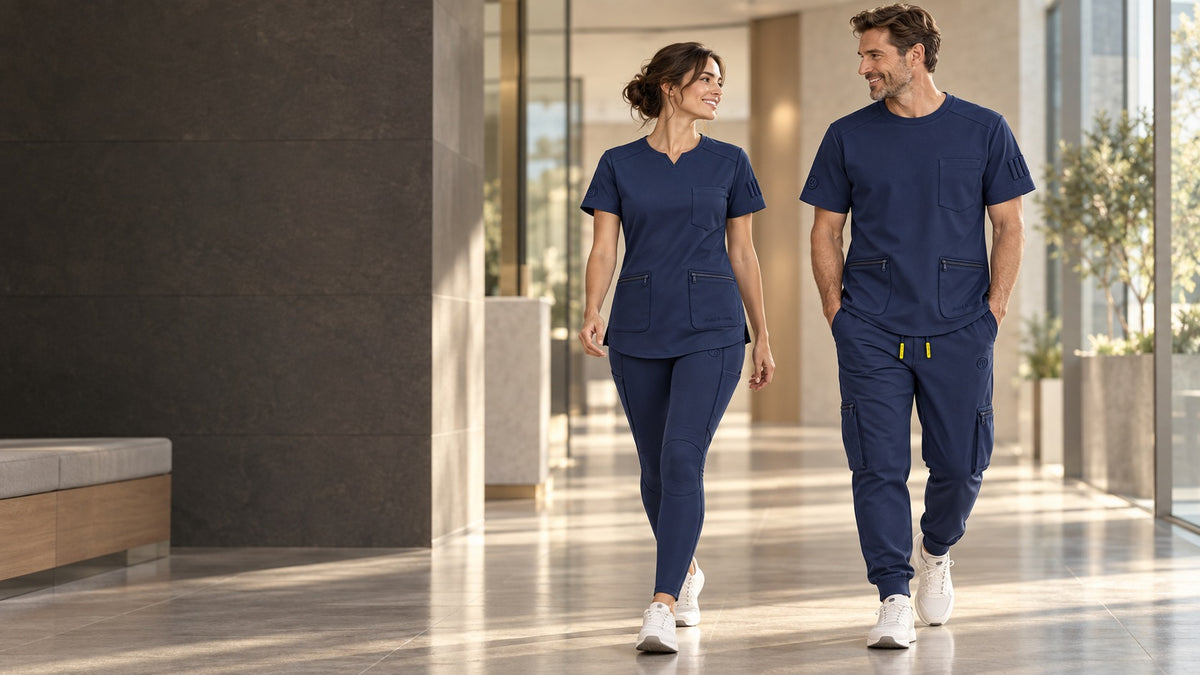 Vier Pflegekräfte in Navy-Kasacks mit Cargo-Jogger und Leggings im hellen Flur einer Einrichtung