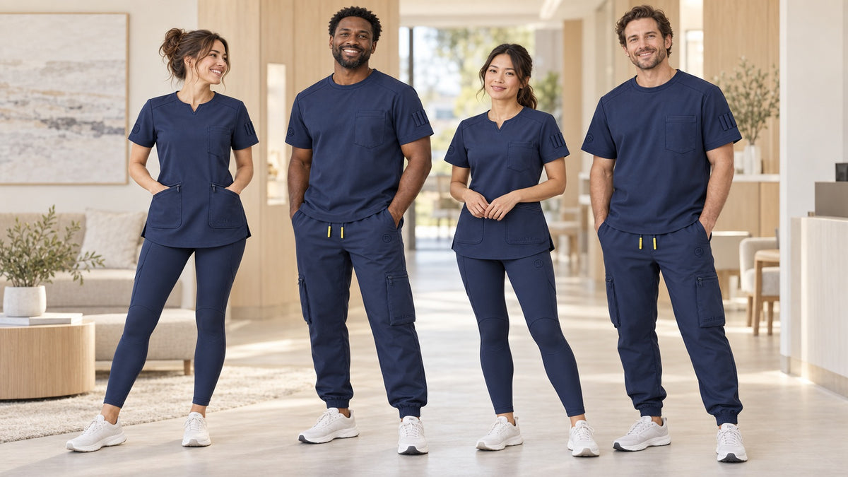 Team aus vier Personen in einheitlicher Navy-Berufskleidung mit Kasack, Cargo-Jogger und Leggings im hellen Empfangsbereich